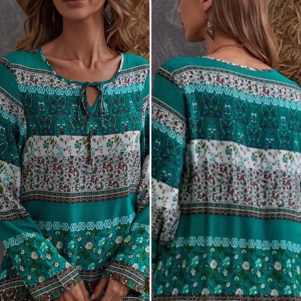 #235 Modest Tribal Floral Long Sleeve Dress - Picture 5 of 17